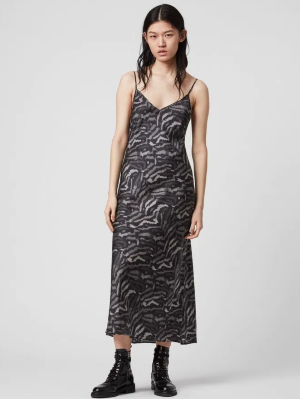 ALLSAINTS Animal Zebra Print Satin Slip M Dress Maxi Midi Hera Remix Grey Black